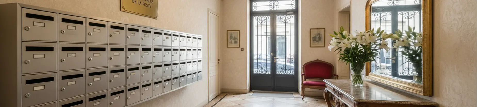 Ensemble de boîtes aux lettres modernes dans un hall d’entrée d’immeuble